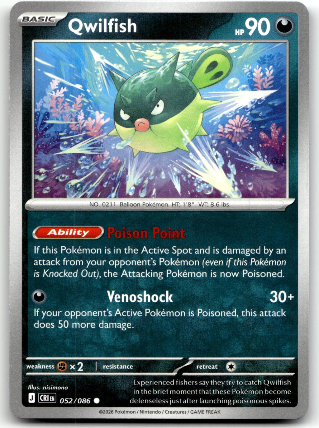 Qwilfish 052/086 Common Chaos Rising Pokemon Near Mint