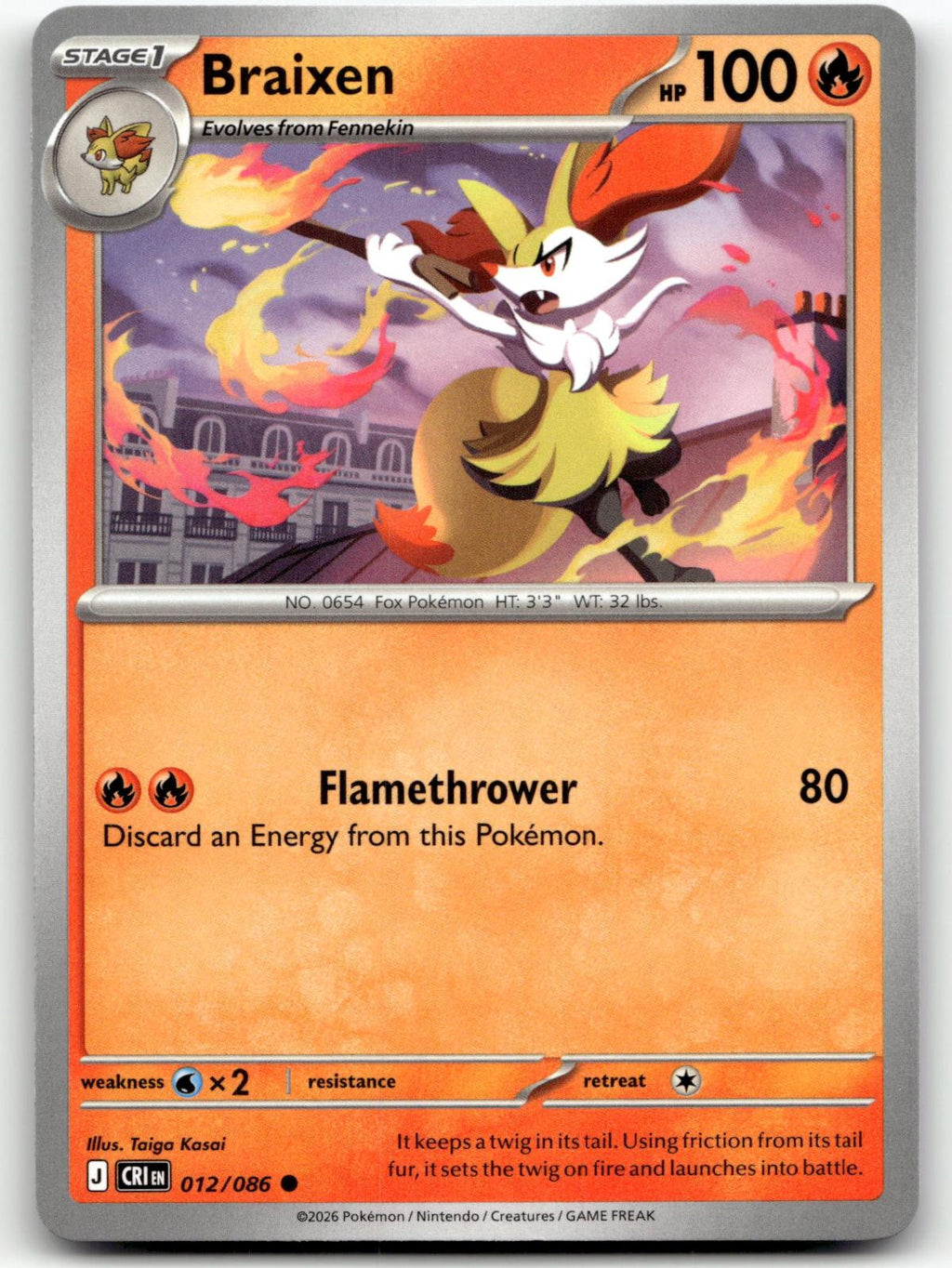 Braixen 012/086 Common Chaos Rising Pokemon Near Mint