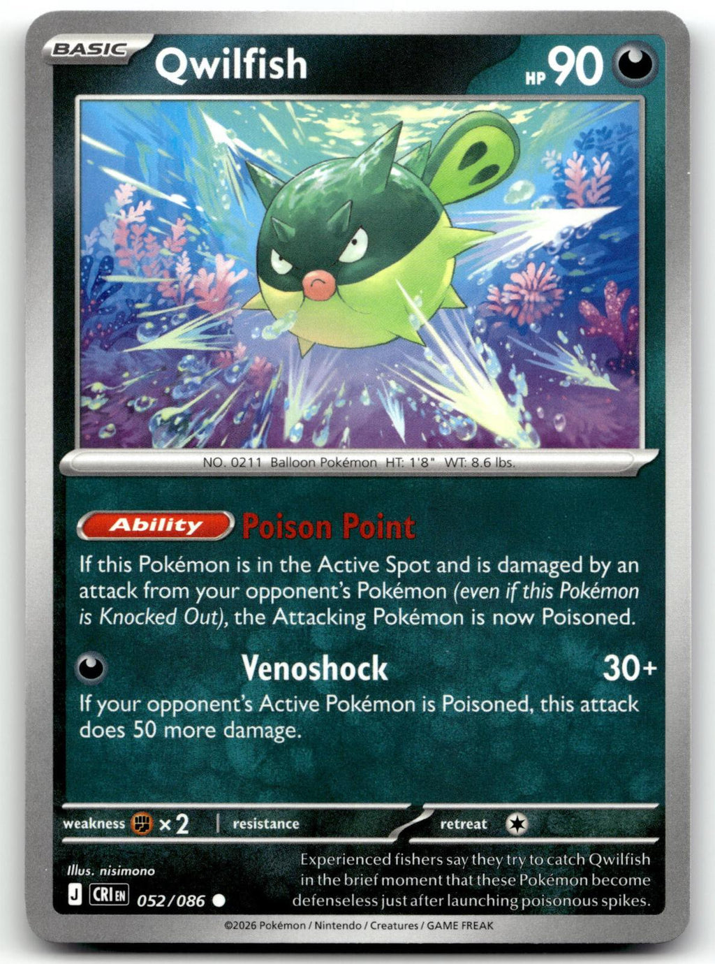 Qwilfish 052/086 Common Chaos Rising Pokemon Near Mint