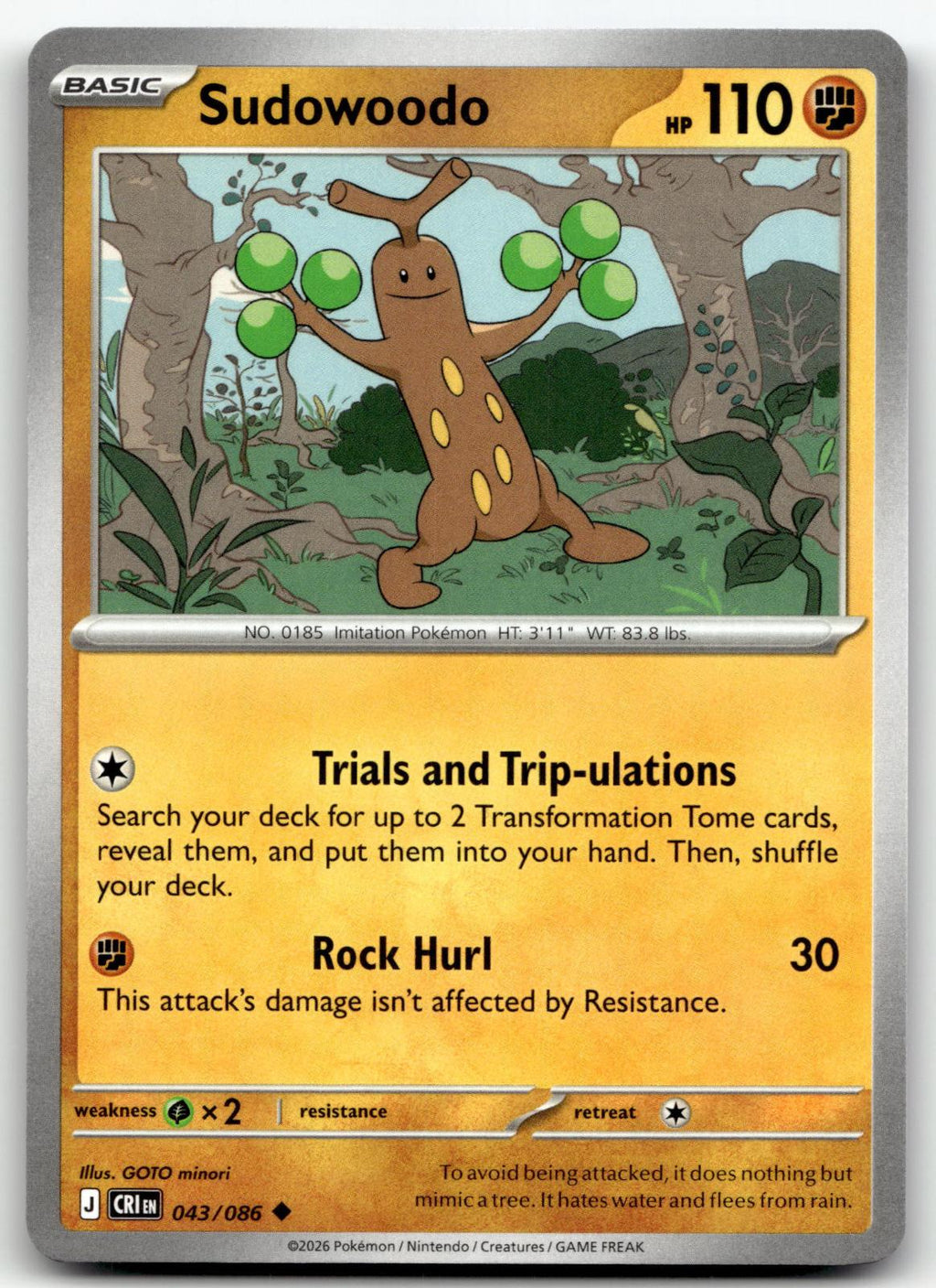 Sudowoodo 043/086 Uncommon Chaos Rising Pokemon Near Mint