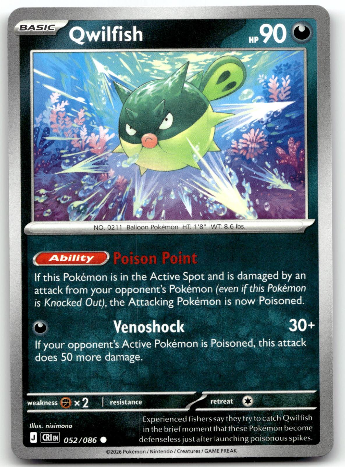 Qwilfish 052/086 Common Chaos Rising Pokemon Near Mint