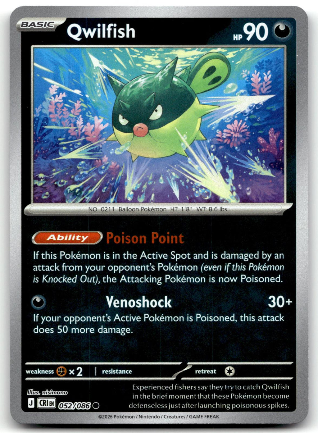Qwilfish 052/086 Common Chaos Rising Pokemon Near Mint